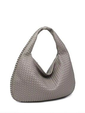 Woven Hobo Shoulder Bag in Gray Veggan Leather.